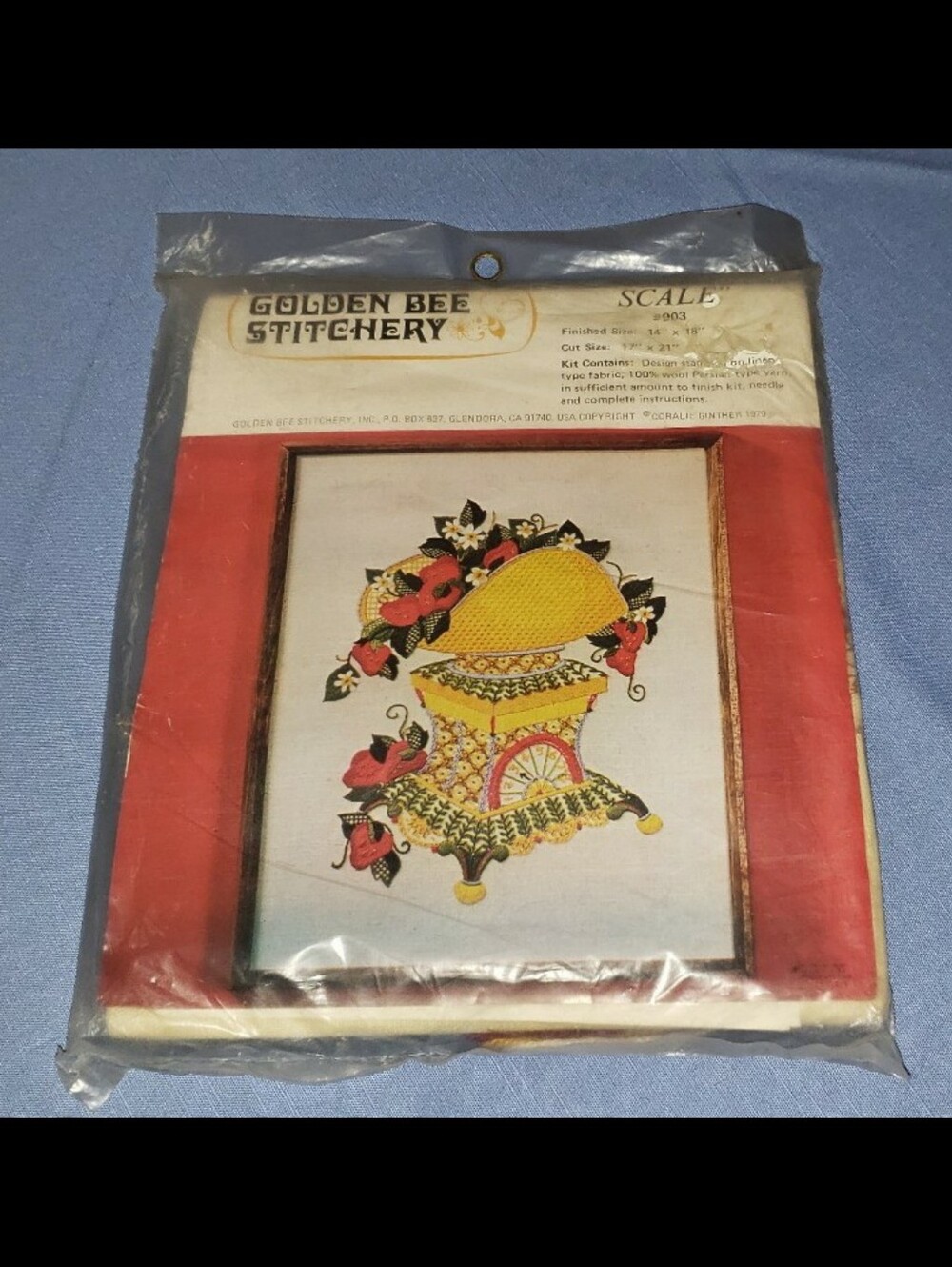 Vintage Mid-Century Golden Bee Stitchery "Strawberry Scale" Crewel Embroidery Ki